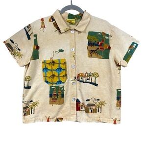 Hot Cotton Travel Graphic Button Up Short Sleeve Top Sz M